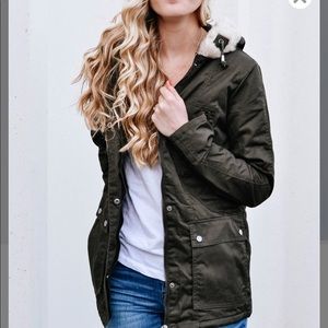 Dark Olive & Cream Faux Fur-Hood Parka.